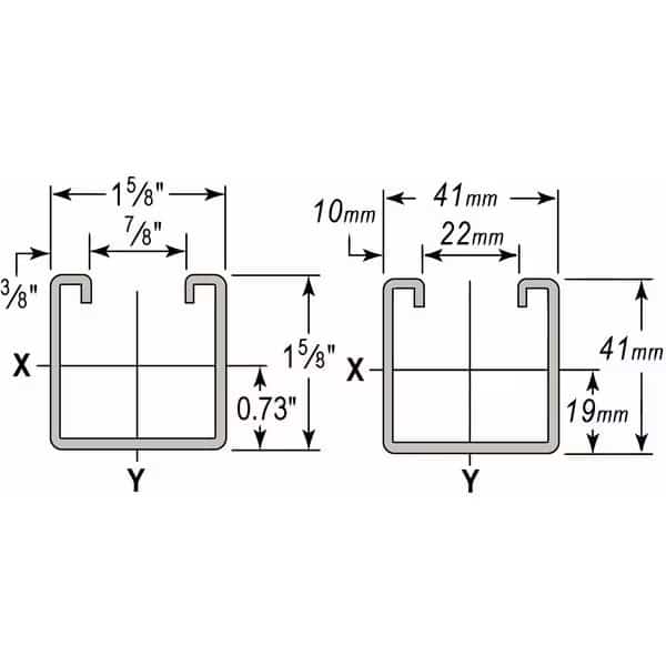Single Channel Strut, Punched, 1-5/8 in x 1-5/8 in Channel Size
