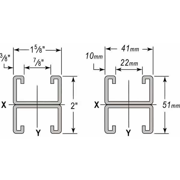 Back to Back Strut, 1-5/8 in x 2 in Channel Size, 316 Stainless Steel