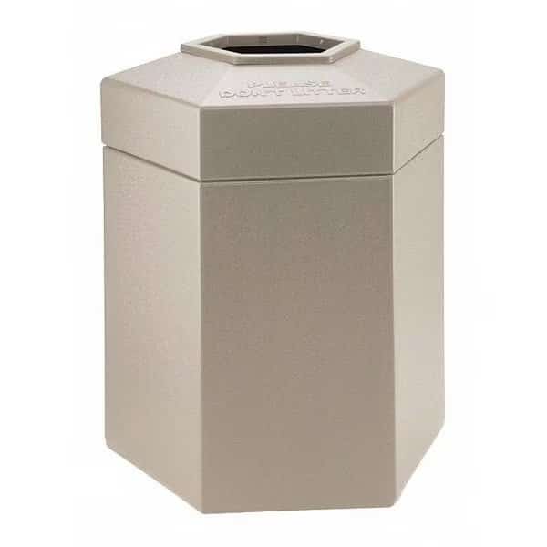 45 gal Hexagon Trash Can, Beige, Open Top, Polyethylene