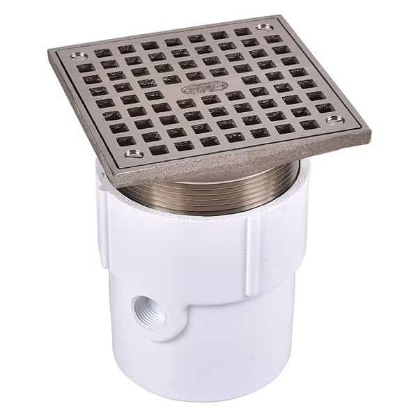 Square Adjustable Drain, PVC, Nickel, 3" or 4", Pipe or Hub