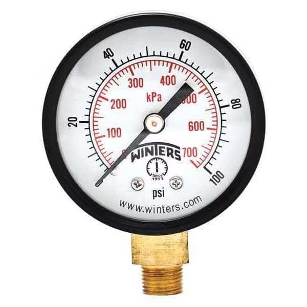 Economy 2" 0-100 psi/Kpa 1/8" Npt Btm, 2 in Dial, 1/8 in NPT Bottom Location, Steel Case Material