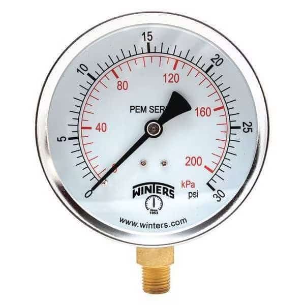 Economy 4" 0-30 psi/Kpa 1/4" Npt Btm, 4 in Dial, 1/4 in NPT Bottom Location, Steel Case Material