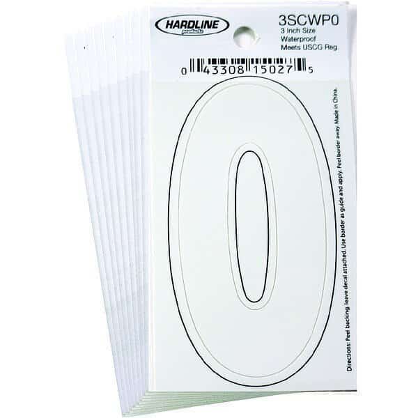 Number 0 Decal,3" White Vinyl,PK10, Mfr#: 3SCWP0, HARDLINE PRODUCTS