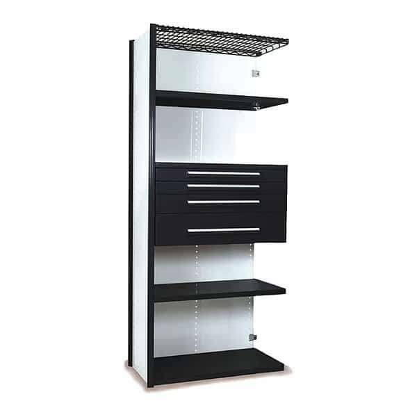 V-Grip Shelving W/ 4Drwrs/5Shlvs 7X1.5X3, Addon, (2)3", 4.5", 7.5"Drwrs, BK