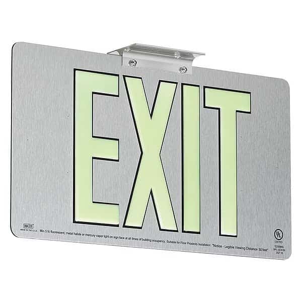 Photoluminescent Single-Face Brushed Alm Exit Sign 50FT View Distance