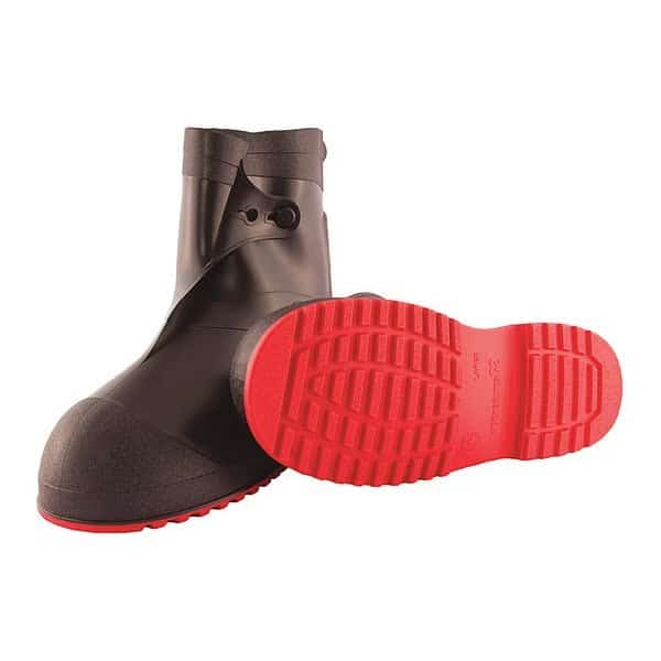 Overboots, Plain Toe, PVC, 10 in Height, Pull On Closure, Cleated Sole, Black/Red, 2XL