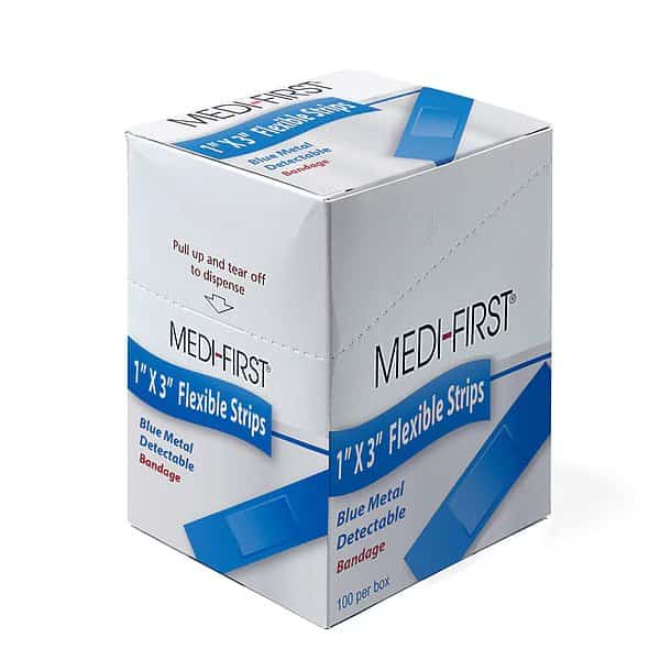 Adhesive Bandage, Strip Bandages, 1 in W x 3 in L, Fabric, Metal Detectable, Blue, PK100