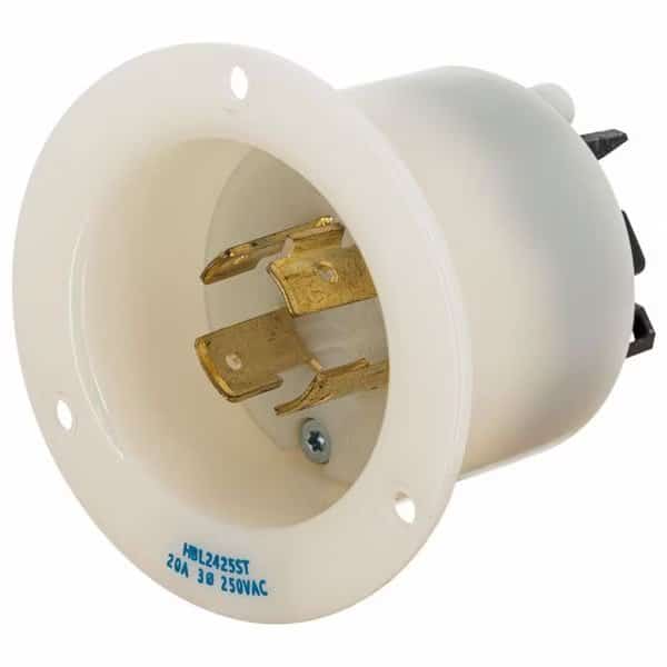 Locking Receptacle, 20 A, 250V AC, Three Phase, 3 Pole, Flush Mount, Spring Clamp Terminals, White