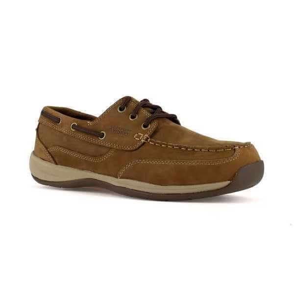 Men's Boat Shoe, Steel Toe, Leather Upper, Rubber Outsole, Lace Up, Brown, 8 1/2 W