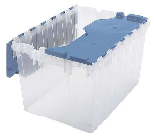 12 gal Attached Lid Container, Blue, Plastic, Steel Hinge