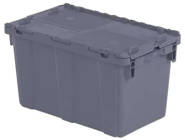 Attached Lid Container, 11.96 gal, 22 1/4 in L, 13 in W, 12 3/4 in H, Gray, Plastic, Metal Hinge