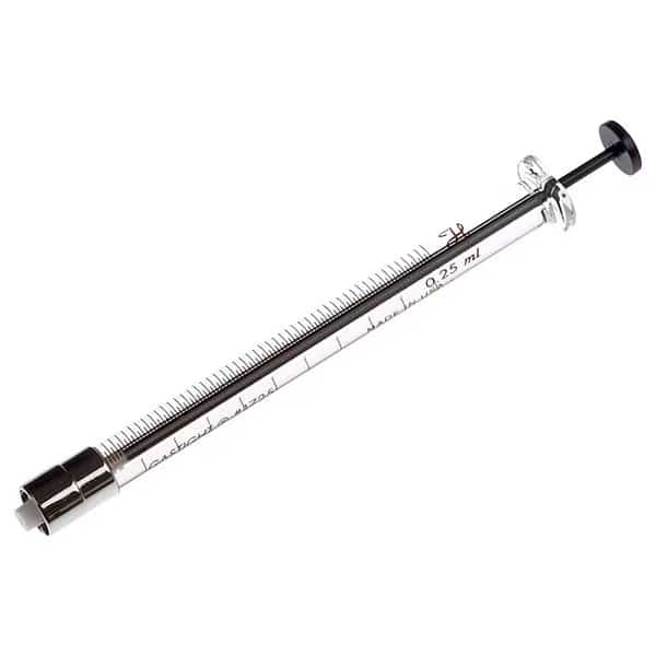 Chromatography Syringe, Borosilicate Glass, PTFE, 250 ul, Sterile, Removable, Kel-F, Metal Hub