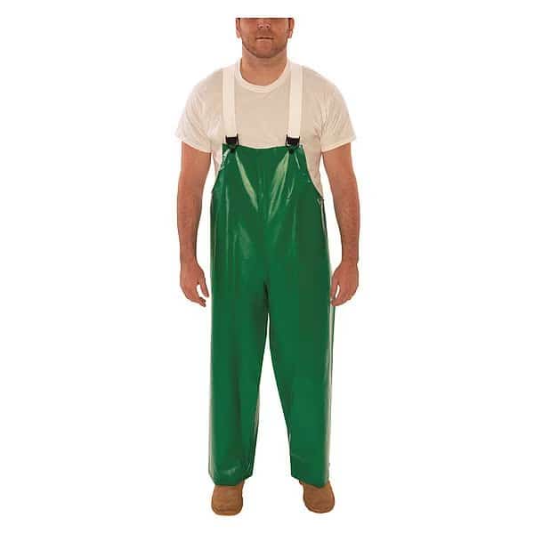 Flame-Resistant Rain Bib Overall, PVC, 29 in Inseam, 36 in to 38 in Waist, 17 mil Thickness, Green
