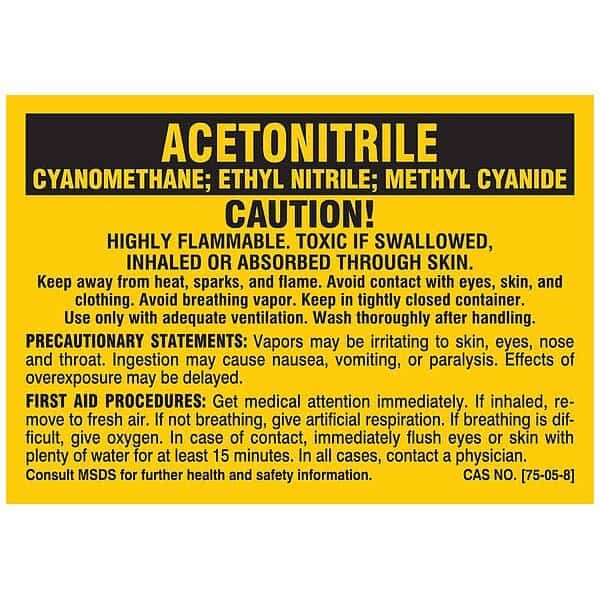Label, ACETONITRILE, Polyester, 2 7/8 in W, 2 in H