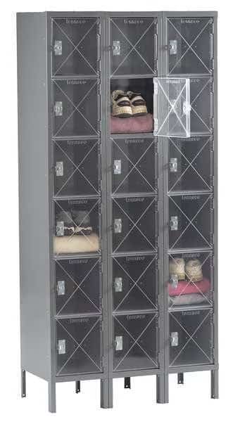 Box Locker, 36 in W, 12 in D, 78 in H, (3) Wide, (6) Tier, Gray