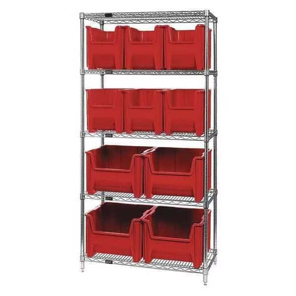 Steel Bin Shelving, 18 in D x 74 in H x 36 in W, 5 Shelves, Red