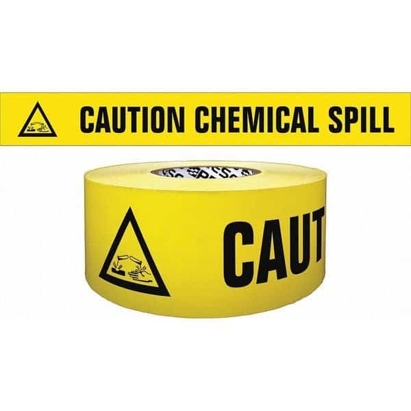 Barricade Tape, Caution Chemical Spill, Yellow, 3 in Wide x 500 ft Length, Polypropylene, 4 mil