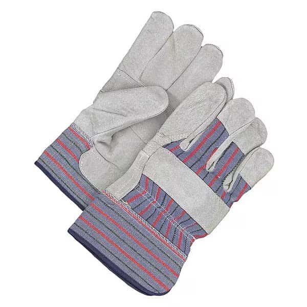 Leather Gloves, Split Cowhide, Safety Cuff, Ambidextrous Thumb, Full Finger, Blue/Red, Universal