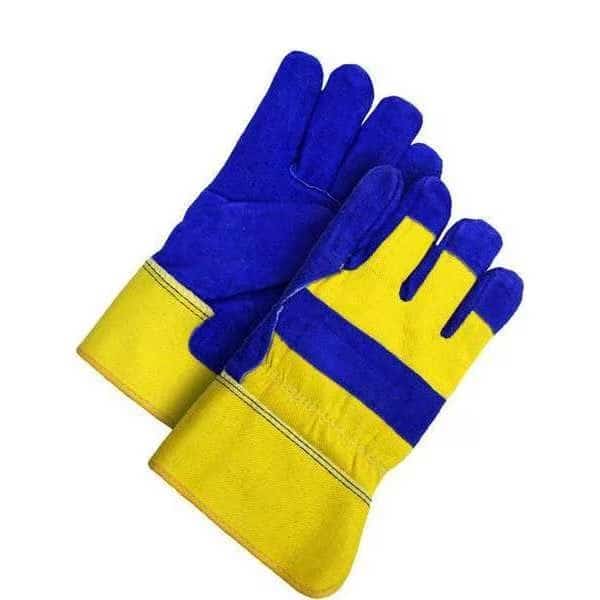 Leather Gloves, Cowhide, Safety Cuff, Wing Thumb, Full Finger, Blue / Yellow, L, 1 PR