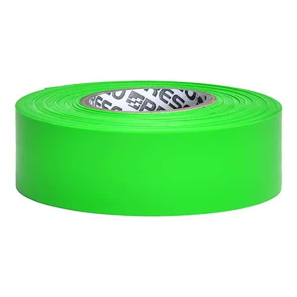 Flagging Tape, No Legend, Fluorescent Green, 1 3/16 in Wide x 150 ft Length, Vinyl, 4.5 mil