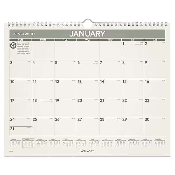Recycled Wall Calendar, Unruled Blocks, 15 x 12, Sand/Green Sheets, 12-Month (Jan to Dec): 2025