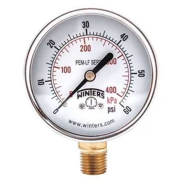Lead-Free Pressure Gauge, 0 to 60 psi, 2 1/2 in Dial, 1/4 in NPT, Bottom Location