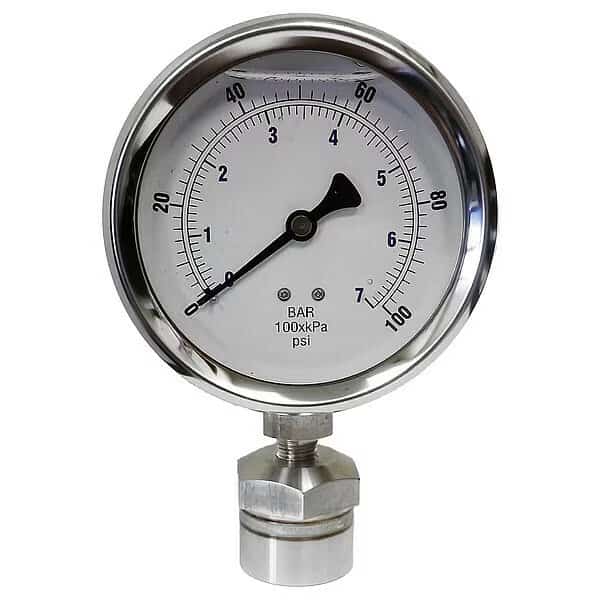 Pressure Gauge, 0 to 1000 psi, 4 in Dial, 1/4 in NPT, Bottom Location