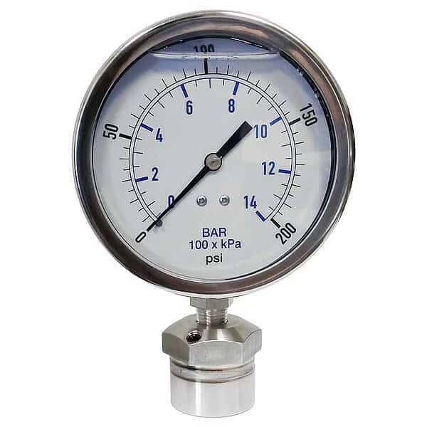 Pressure Gauge, 0 to 15,000 psi, 4 in Dial, 1/4 in NPT, Bottom Location