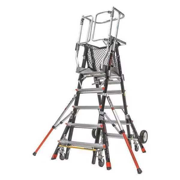5 to 9 ft Fiberglass Adjustable Safety Cage Platform Stepladder, 375 lb Capacity