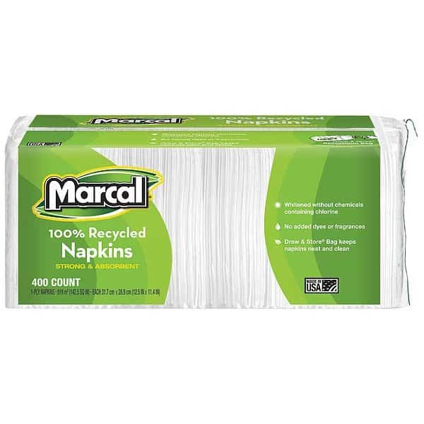 100% Recycled Lunch Napkins, 1-Ply, 11.4 x 12.5, White, PK400