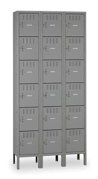 Box Locker, 36 in W, 15 in D, 78 in H, (3) Wide, (6) Tier, Gray