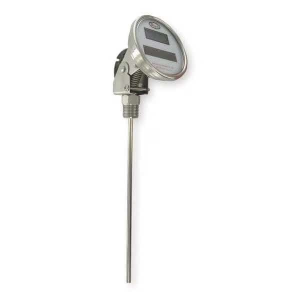 Digital solar-powered bimetal thermometer, range -58 to 302 Degrees F, 12" stem.