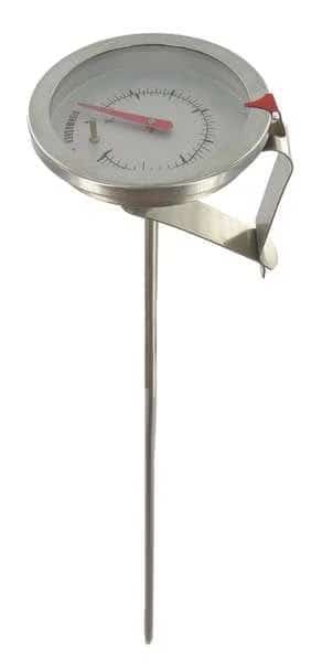 Clip-on bimetal thermometer, range 150 to 750 Degrees F, 5" stem.