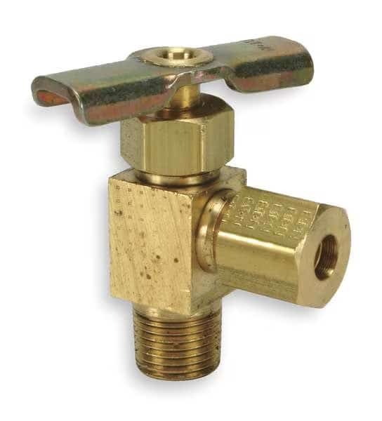 Needle Valve, Angled, Brass, 1/8 x 3/16 In