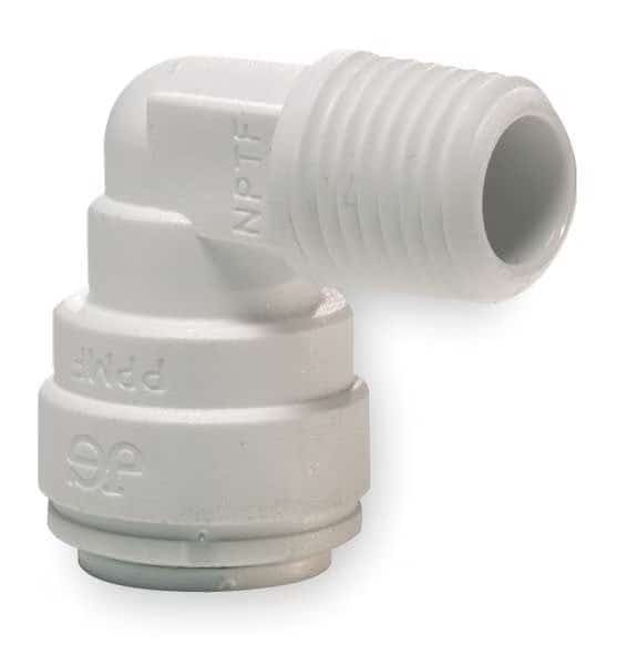 Push-to-Connect, Threaded Elbow, 3/8 in Tube Size, Polypropylene, White, 10 PK, John Guest, Mfr#: PP481223W-PK10