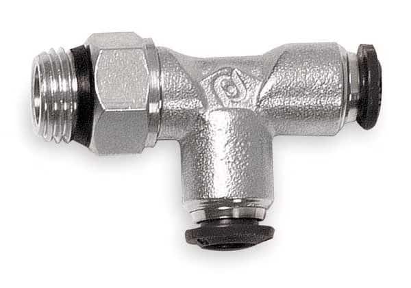 Swivel Run Tee, Push-to-Connect x Push-to-Connect x MNPT, 10mm Tube OD, 3/8 in Pipe Size, Metal