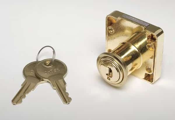 Cabinet and Drawer Dead Bolt Locks, Brass, 7/8" For Door Thickness, 2 Number of Keys, Alike Key Type