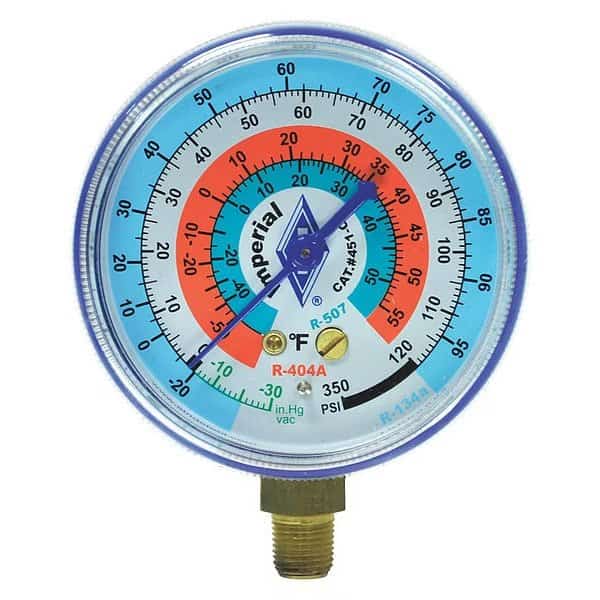 Gauge, 2-1/2 In Dia, Low Side, Blue, 350 psi