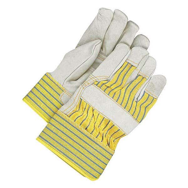 Leather Gloves, Cowhide, Safety Cuff, Wing Thumb, Full Finger, Blue/Tan/Yellow, L, 1 PR