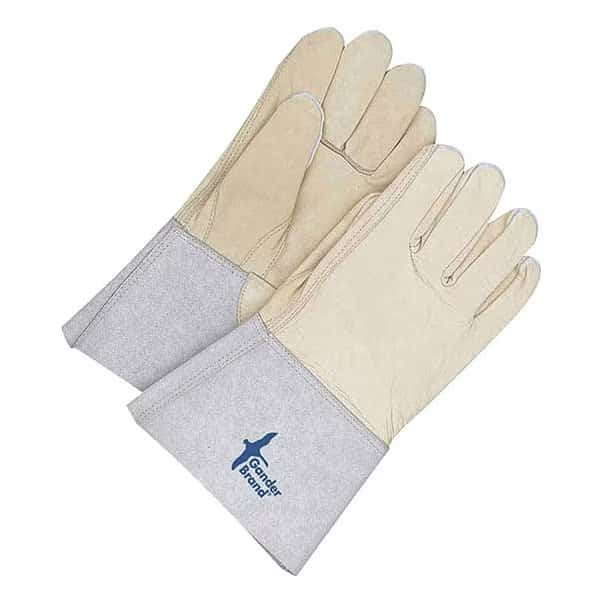 Cowhide Welder with 5 in Cuff, Gauntlet Cuff, Straight Thumb, Gray/Tan, M, 1 PR