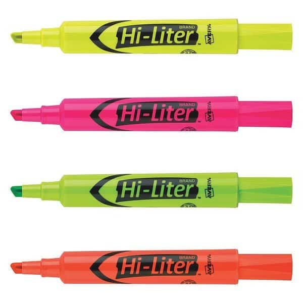 Desk-Style Highlighters, Chisel Tip, Assorted Colors, Smear Safe, Nontoxic, PK4