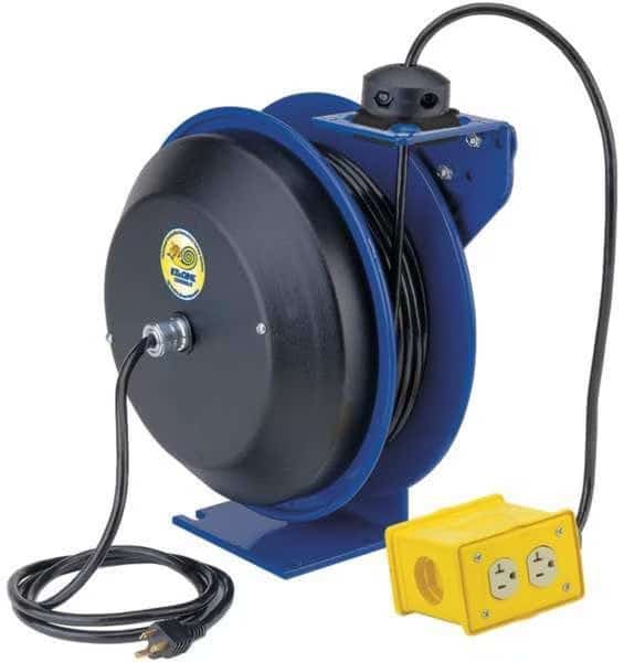Cord Reel, Spring Retracted, NEMA 5-20R, 12 AWG, Blue Reel Color, 50 ft Length, 4 Outlets