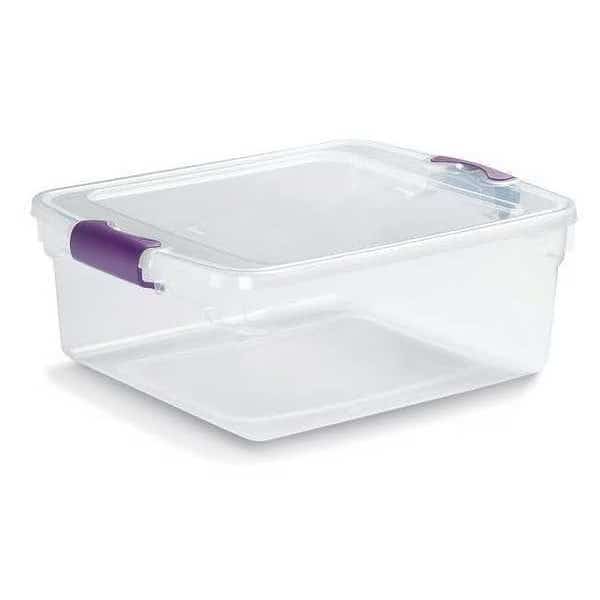 Storage Tote W/ Lid, 3.9 gal, 16-1/4 in L, 13 in W, 6-1/8 in H, Clear, Purple, Polypropylene