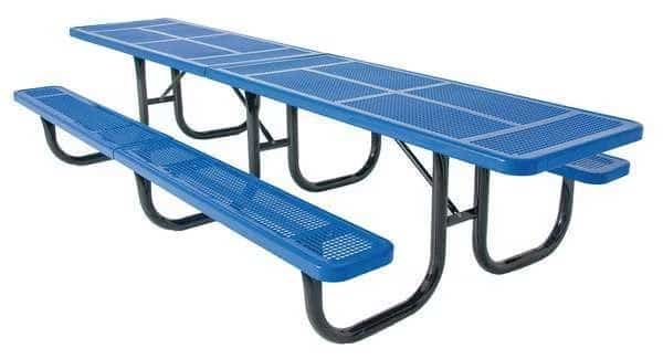 Rectangle Shelter Picnic Table, Blue, Perforated Metal, 144 in L, 30-1/4 in H Overall Dot