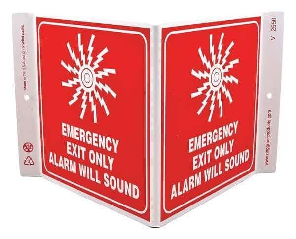 Exit Sign, Plastic, 12" W, 7" H, Emergency Exit Only Alarm Will Sound (Picto), Red