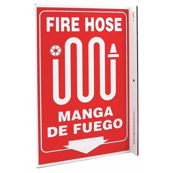 Fire Hose Sign, 11 in Height, 8 in Width, Plastic, L-Shaped, English, Spanish