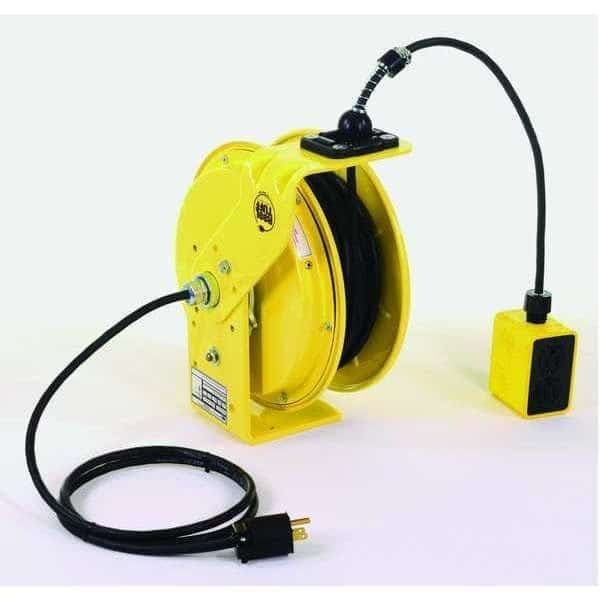 Cord Reel With Hand Lamp, Spring Retracted, Flying Lead, 12 AWG, Yellow Reel Color, 50 ft Length