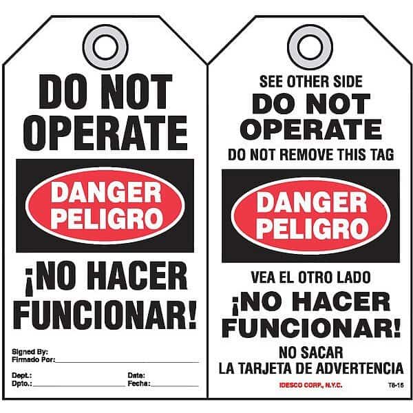 No Hacer Funcionar Safety Tag,PK10, Mfr#: KAT816AC, IDESCO SAFETY