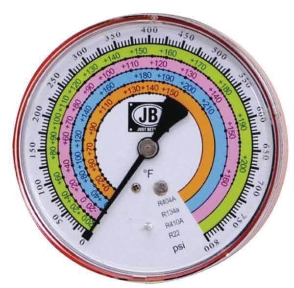 Gauge, 4 In Dia., High Side, Red, 800 psi, JB INDUSTRIES, Mfr# M2-405