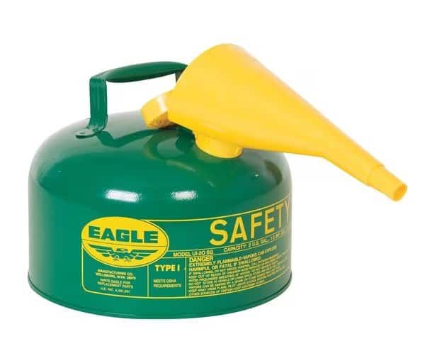 Type I Safety Can, Galvanized Steel, 2 gal, Green, Self-Closing Lid, Includes Funnel, Combustibles